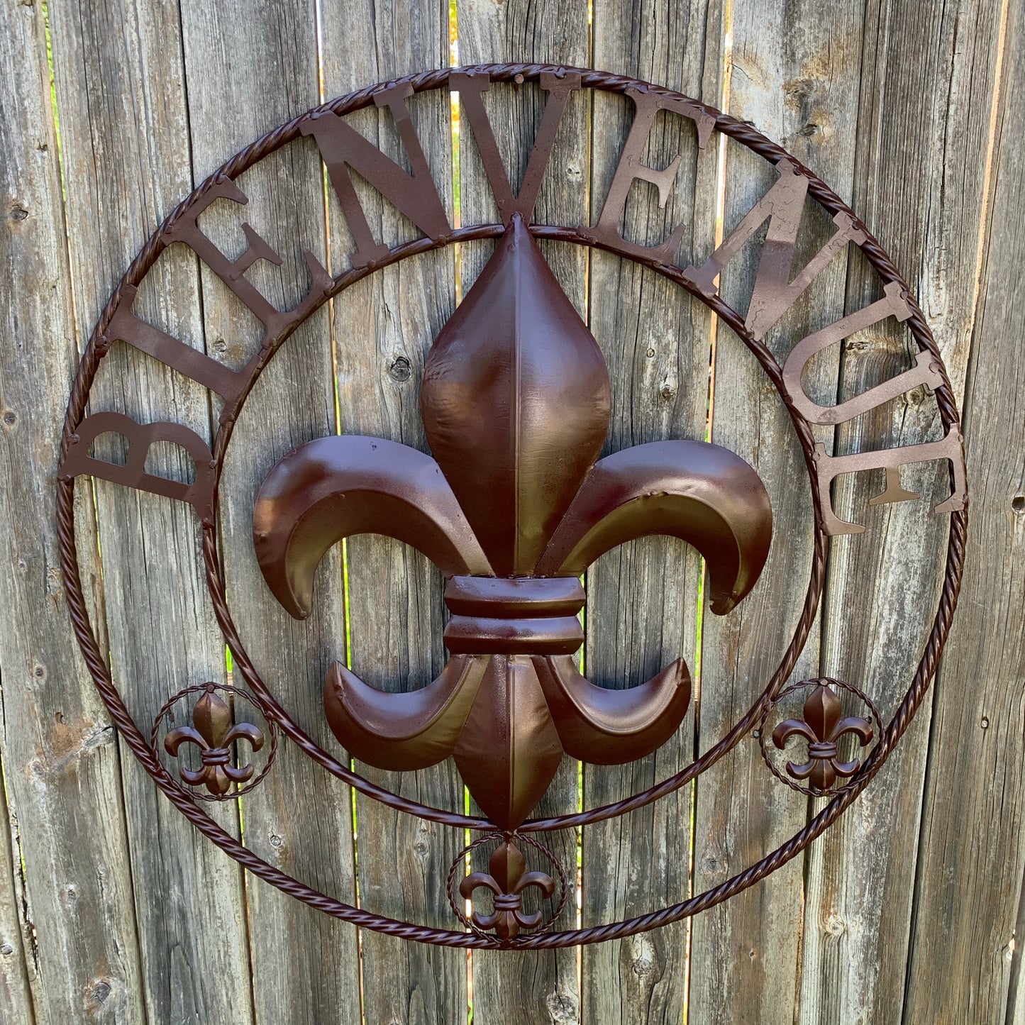 BIENVENUE FLEUR DE LIS GLOSSY BROWN METAL WALL ART WESTERN HOME DECOR NEW #EH10183