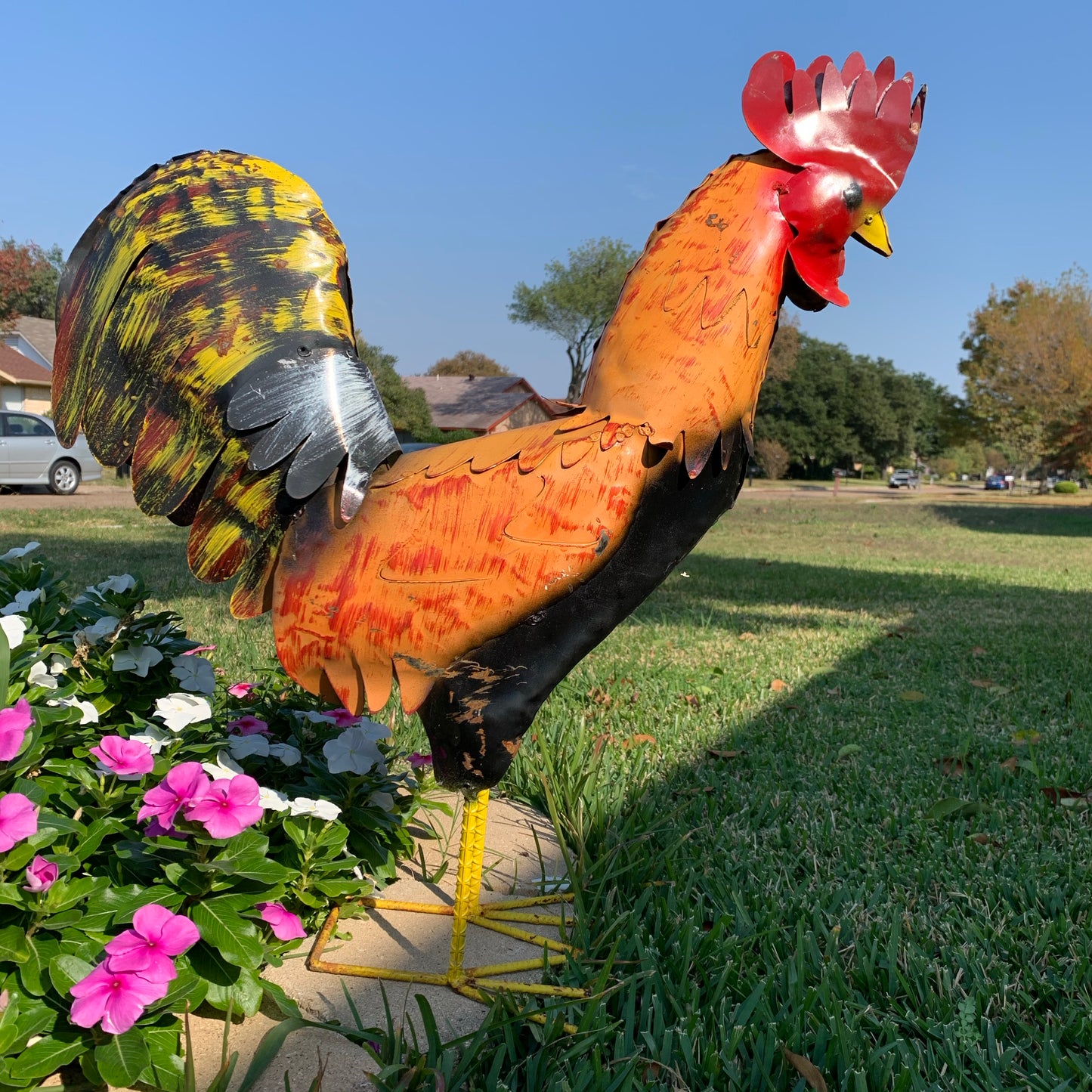 #34-025 RUSTIC ORANGE RED ROOSTER 18",30",40" GARDEN METAL ANIMAL SCULPTURE METAL DECOR ORNAMENT 16"L x 20" high