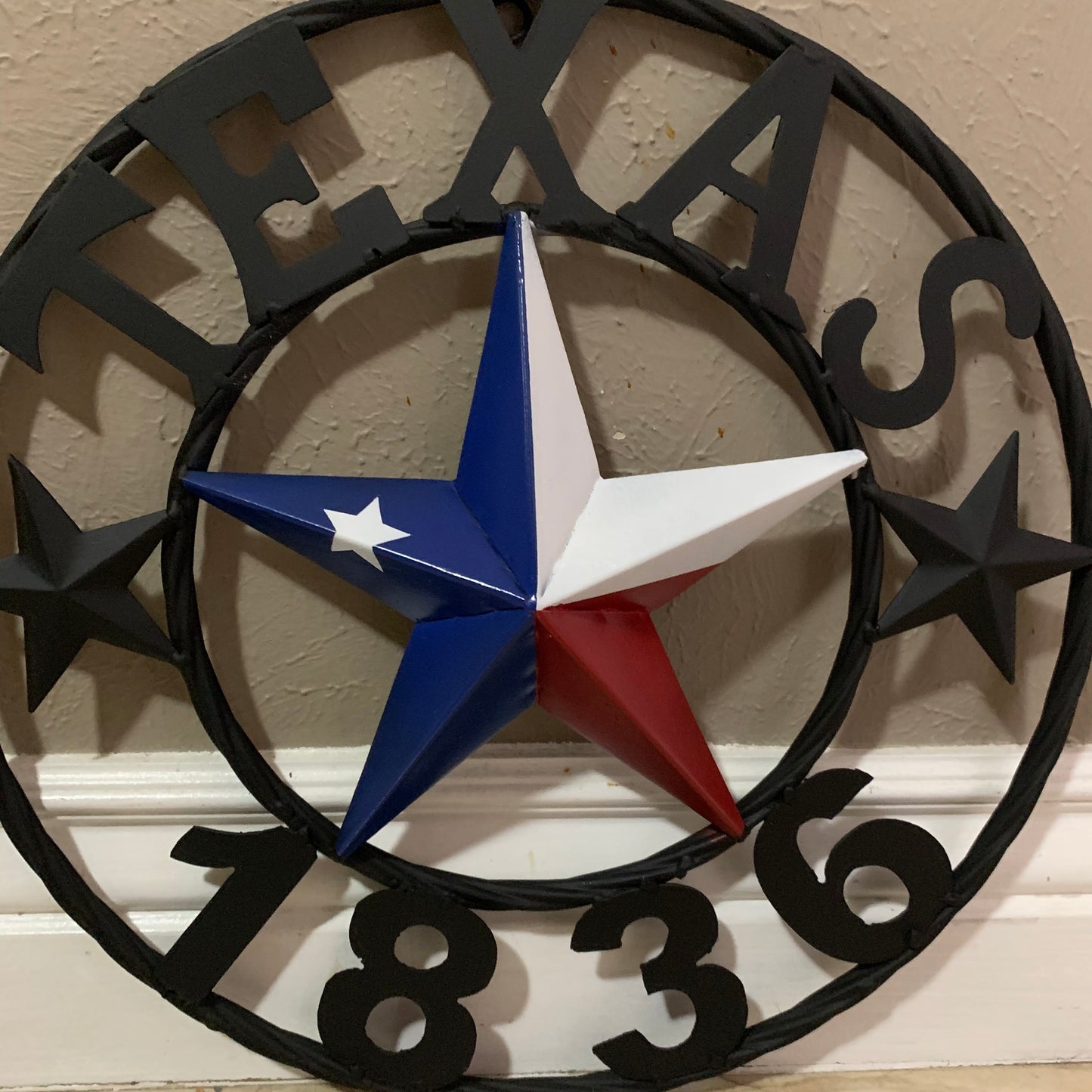 16" TEXAS 1836 RED WHITE BLUE TEXAS FLAG STAR & BLACK RING BARN STAR METAL WALL WESTERN HOME DECOR HANDMADE NEW ART
