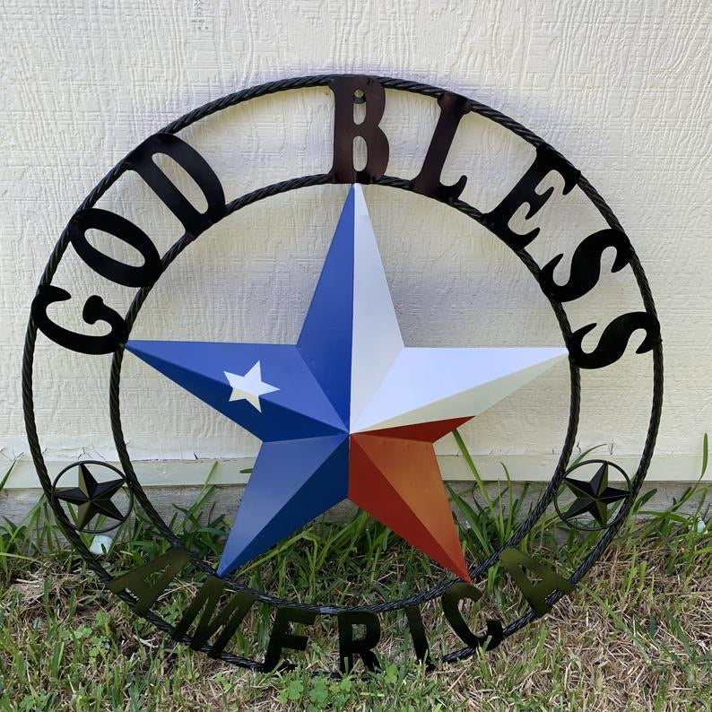 GOD BLESS AMERICA RED WHITE & BLUE METAL BARN STAR TWISTED ROPE RING WESTERN HOME DECOR HANDMADE NEW #EH10549