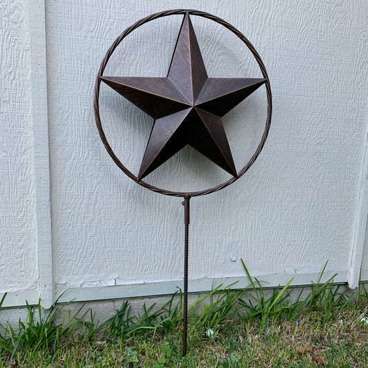 12",16",24" DOUBLE STAR ON STAKE METAL BRONZE COPPER BARN STAR WITH TWISTED ROPE RING CRAFT WESTERN HOME DECOR RUSTIC DECOR