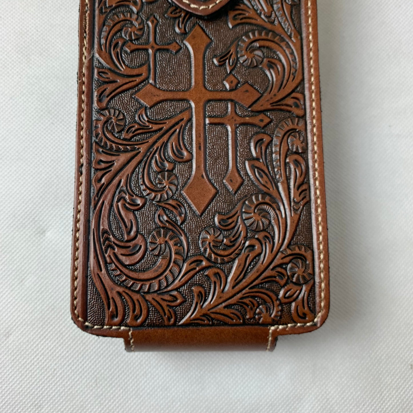 7" COWBOY PRAYER CROSS LEATHER HOLSTER POUCH COFFEE BROWN  LARGE  BELT LOOP HOLSTER CELL PHONE CASE UNIVERSAL OVERSIZE #WS344D--FREE SHIPPING