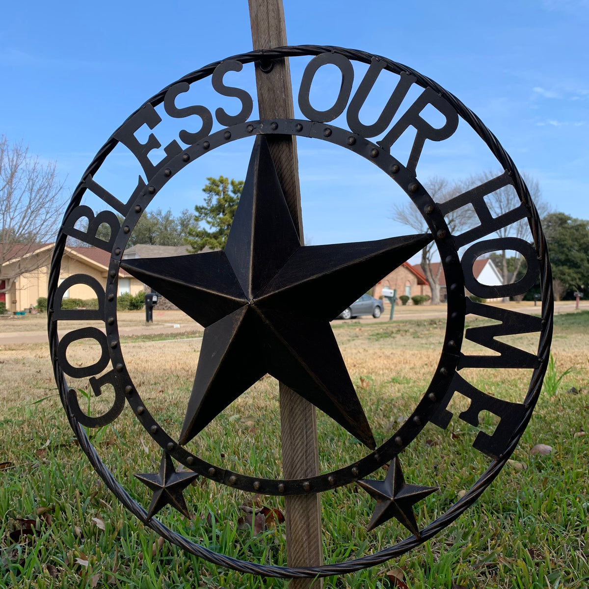 24" GOD BLESS OUR HOME BEADED STAR COLIBROX METAL TWISTED ROPE RING LONE STAR WALL ART WESTERN HOME DECOR RUSTIC DARK BRONZE COPPER HANDMADE NEW