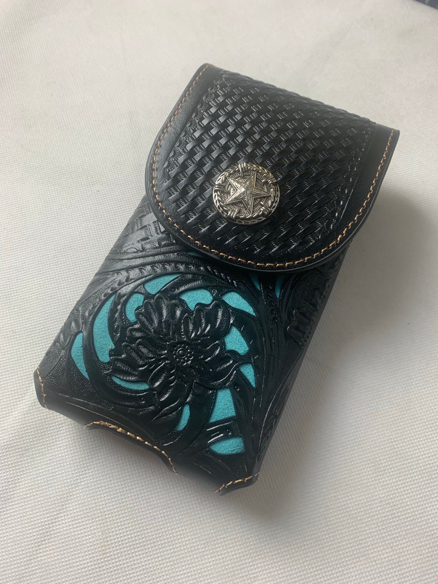 7" LONE STAR BLACK & TURQUOISE LEATHER HOLSTER POUCH EXTRA LARGE  BELT LOOP CELL PHONE CASE UNIVERSAL OVERSIZE--FREE SHIPPING
