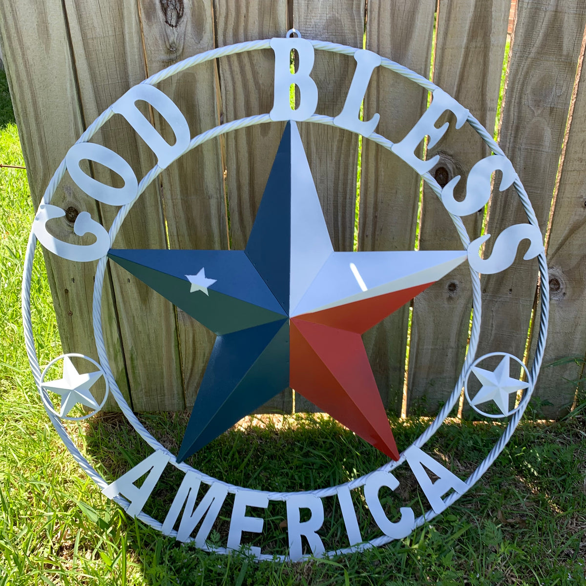 GOD BLESS AMERICA WHITE RING & RED WHITE BLUE BARN METAL STAR TWISTED RING HANDMADE NEW