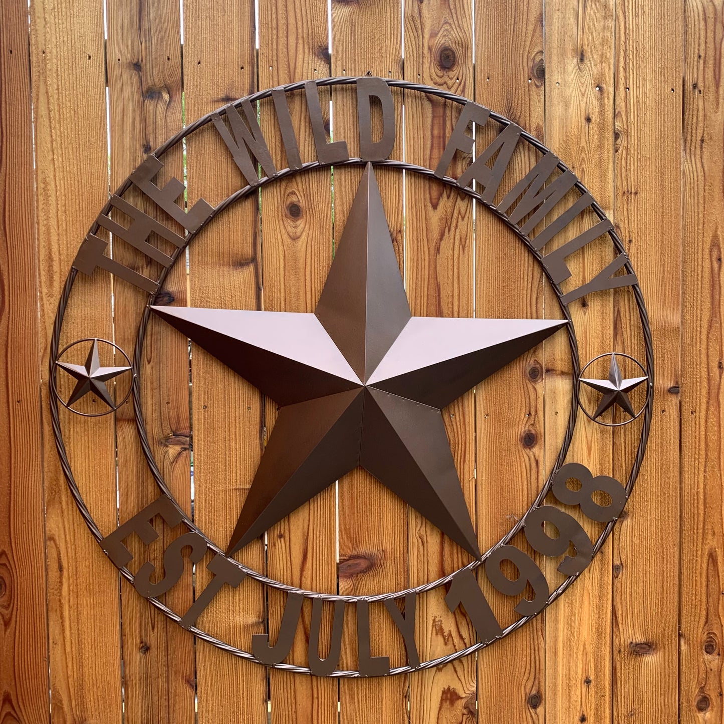 THE WILD FAMILY STYLE CUSTOM FAMILY NAME STAR METAL BARN STAR ROPE RING WESTERN HOME DECOR BRONZE HANDMADE 24",32",34",36",40",42",44",48",50"