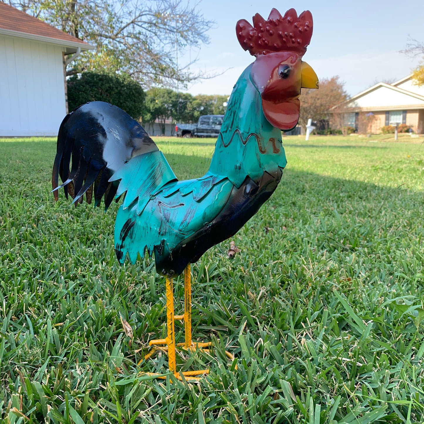 #34-041 RUSTIC TURQUOISE ROOSTER 20",30",40" CHICKEN GARDEN ANIMAL SCULPTURE METAL DECOR ORNAMENT HANDMADE