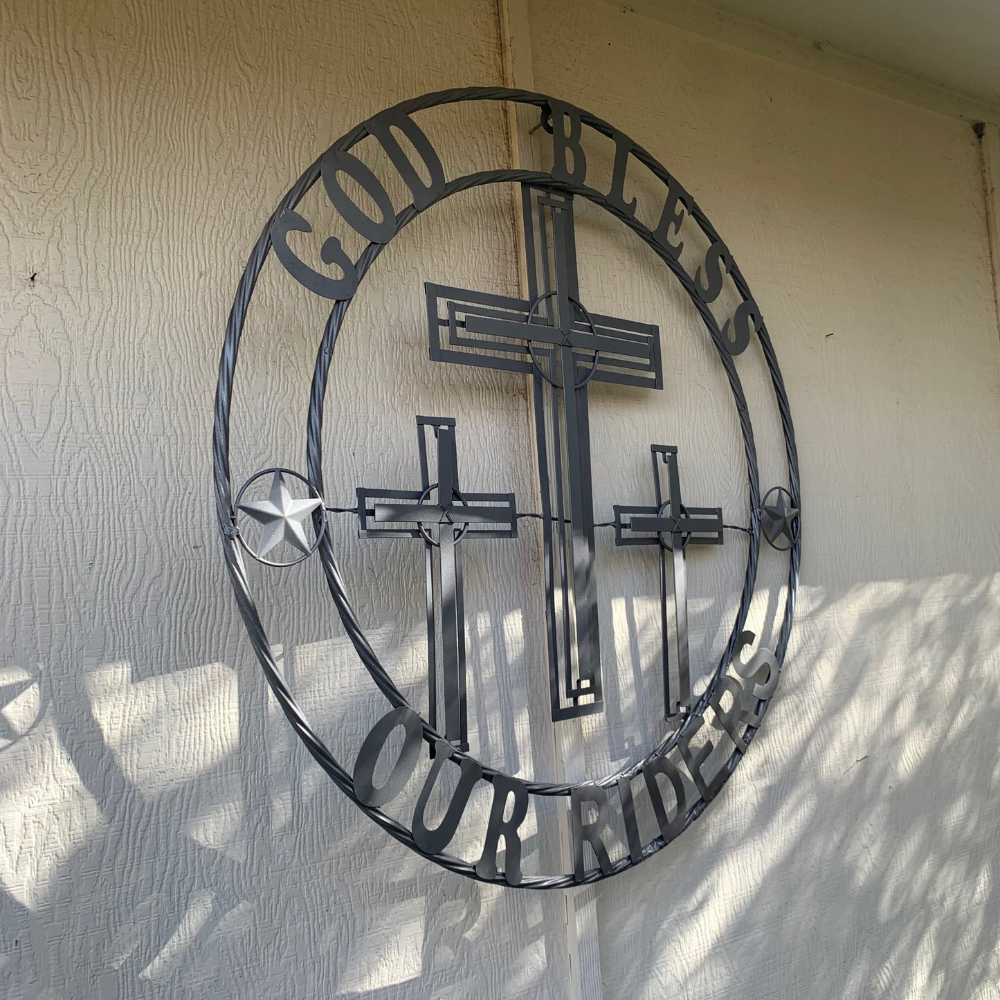 40"GOD BLESS OUR RIDERS CRUCIFIX GREY CROSS METAL WALL ART HANDMADE