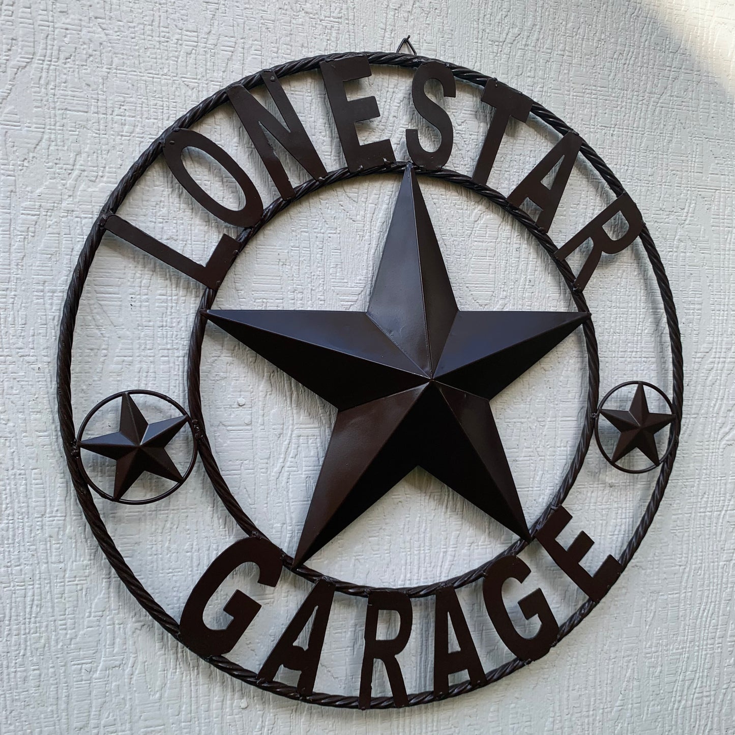 LONESTAR GARAGE STYLE CUSTOM BARN NAME STAR LONESTAR GARAGE METAL NAME BARN STAR WITH TWISTED ROPE RING 3d STAR ART WESTERN HOME DECOR RUSTIC BROWN