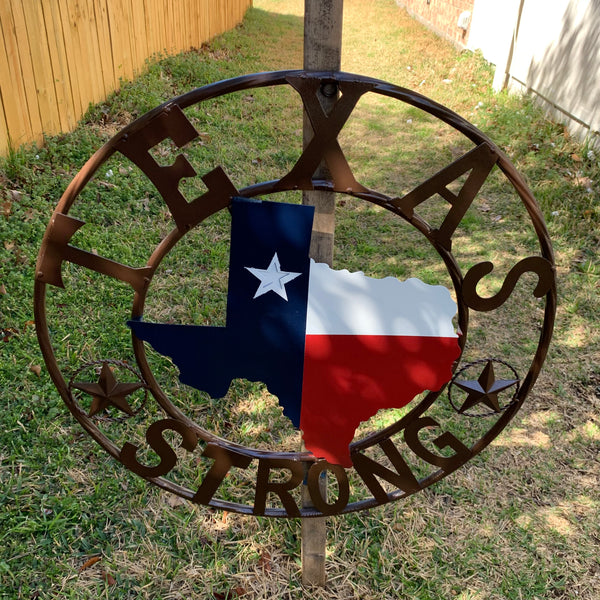 TEXAS STRONG SIGN METAL WALL ART WESTERN HOME DECOR RED WHITE BLUE WITH BRONZE RING HANDMADE #EH13212