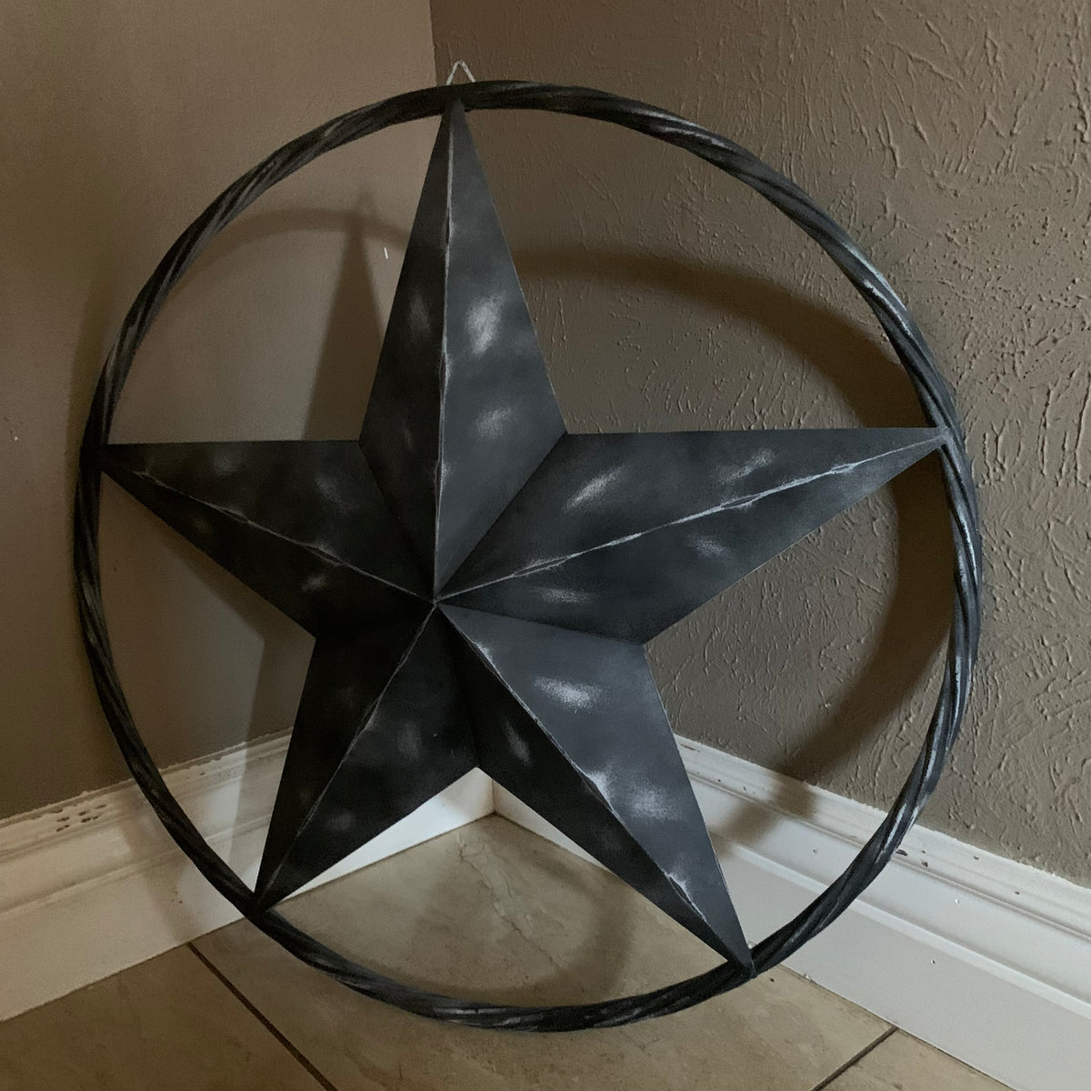 RUSTIC BLACK DISTRESSED TWO TONE BARN LONE STAR ROPE RING METAL WALL ART WESTERN HOME DECOR HANDMADE