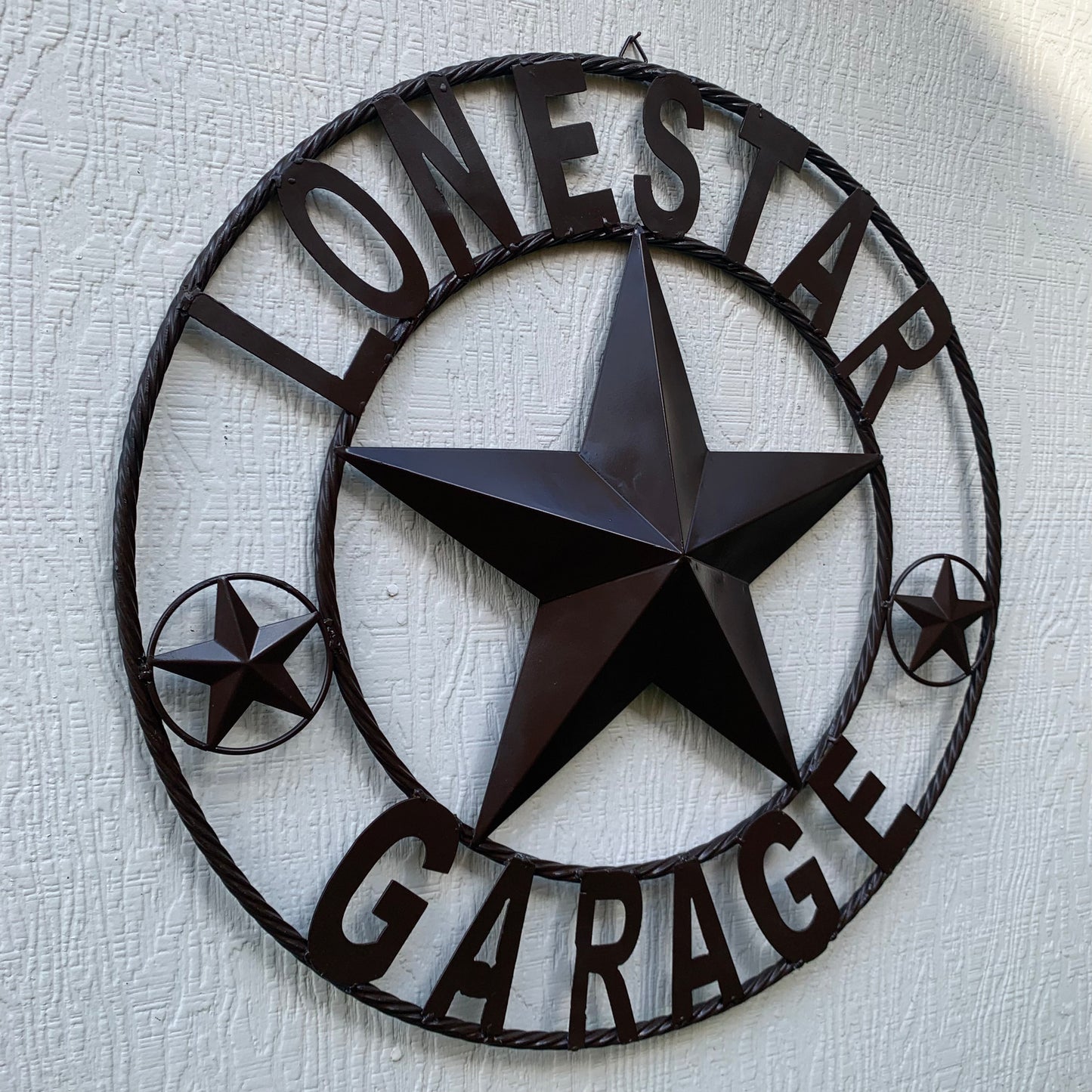 LONESTAR GARAGE STYLE CUSTOM BARN NAME STAR LONESTAR GARAGE METAL NAME BARN STAR WITH TWISTED ROPE RING 3d STAR ART WESTERN HOME DECOR RUSTIC BROWN
