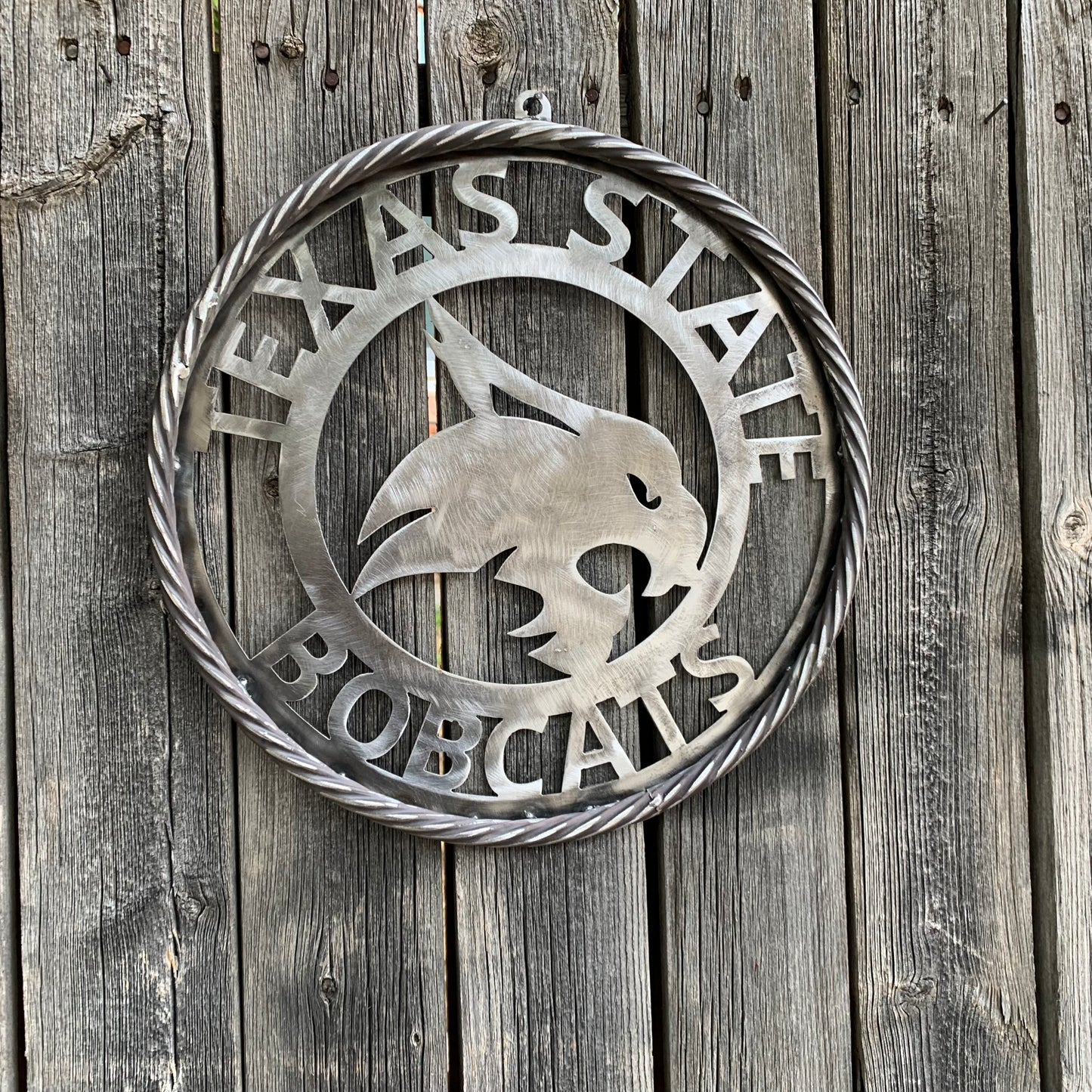 12" TEXAS STATE BOBCATS CUSTOM RAW METAL VINTAGE CRAFT SIGN TEAM ART HANDMADE IN TEXAS