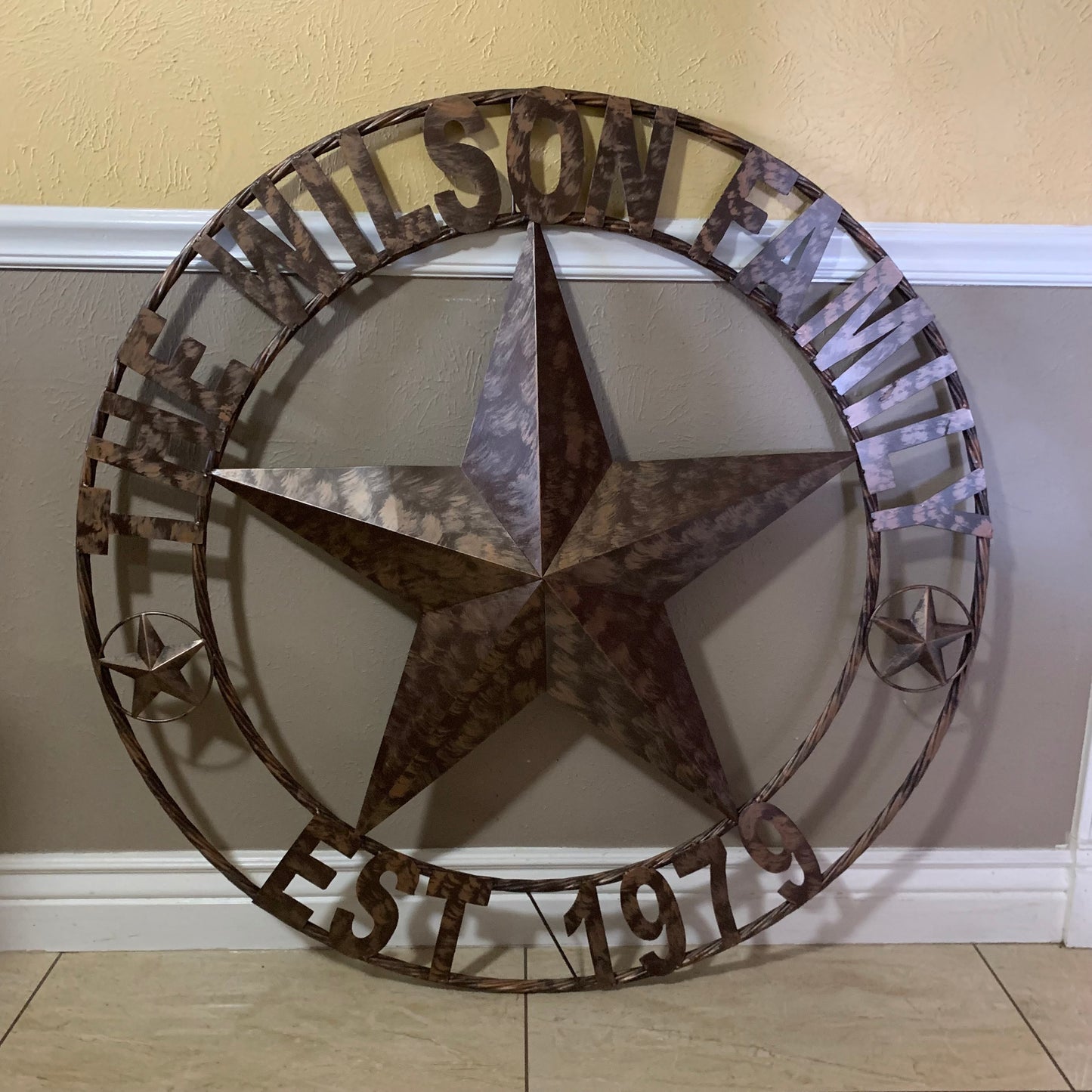 COLOMINA STYLE YOUR CUSTOM NAME BARN STAR BRONZE BRUSH COPPER METAL STAR 3d TWISTED ROPE RING COLOMINA WESTERN HOME DECOR RUSTIC VINTAGE HANDMADE 24",32",36",40",42",44",46",50"