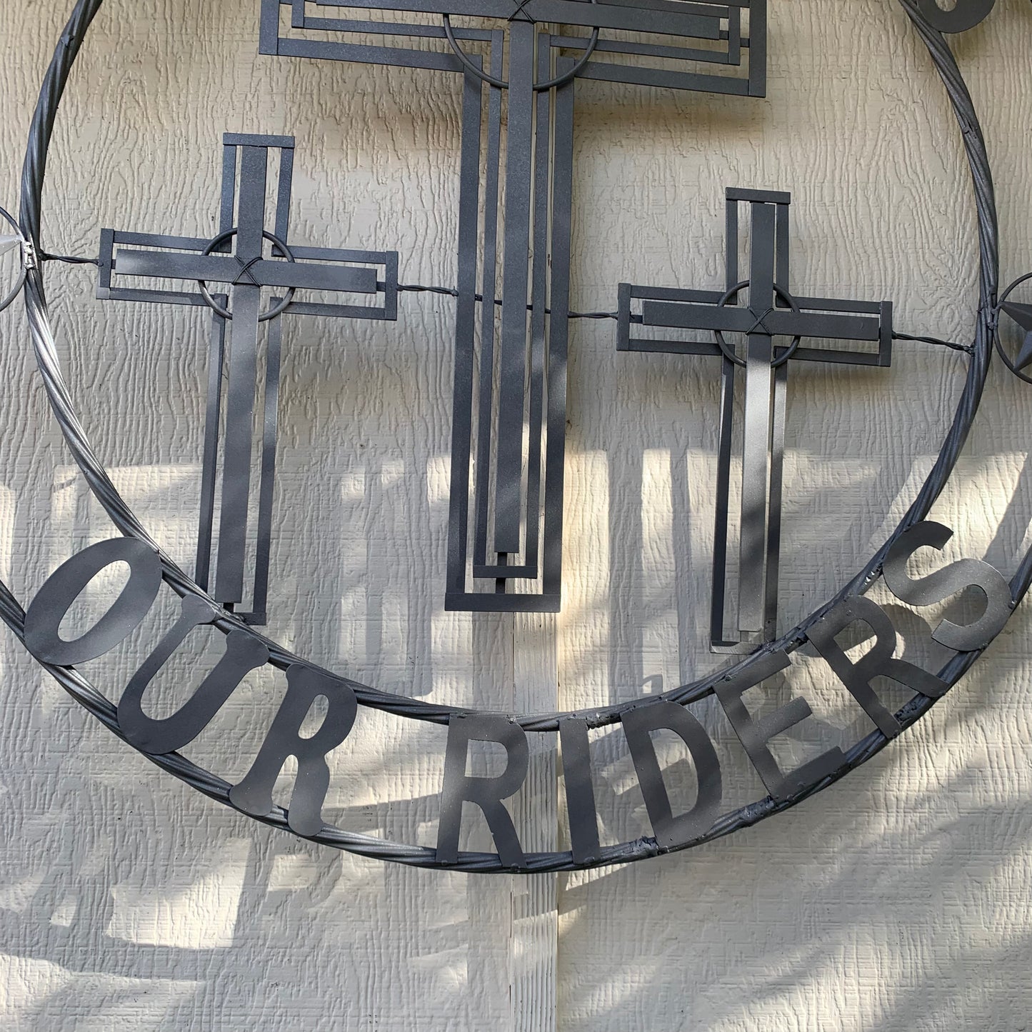 40"GOD BLESS OUR RIDERS CRUCIFIX GREY CROSS METAL WALL ART HANDMADE