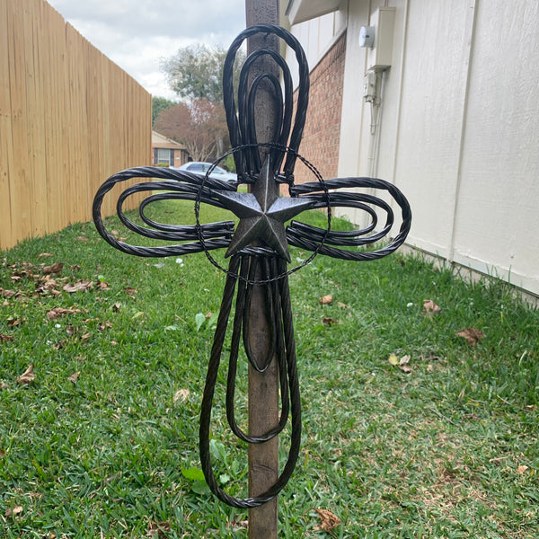 #EH80002 STAR WROUGHT IRON METAL CROSS WALL ART DARK SILVER GREY WESTERN HOME DECOR HANDMADE