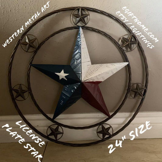 24" LICENSE PLATE MULTI STAR RED WHITE BLUE METAL BARN STAR WESTERN HOME DECOR NEW