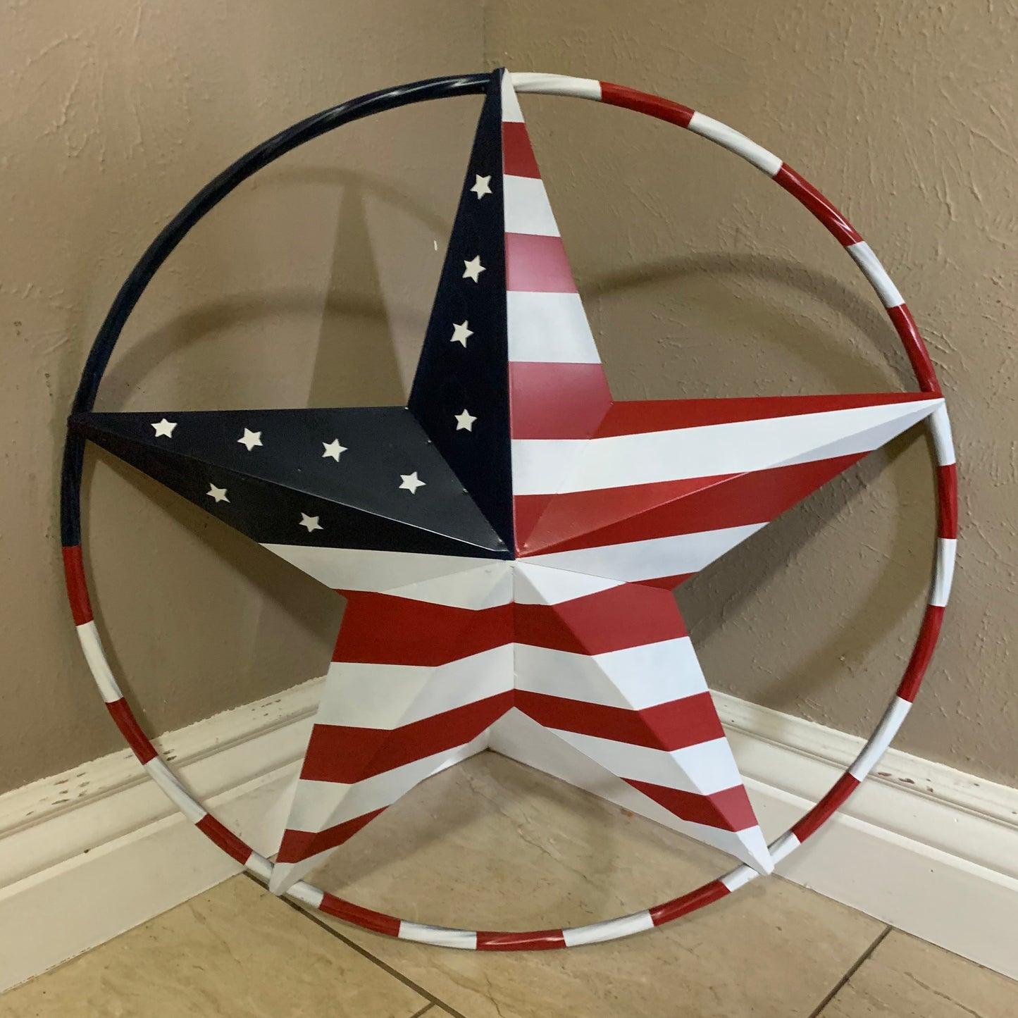 USA FLAG STAR AMERICAN FLAG METAL3D TWIST ROPE RING RED WHT BLUE WESTERN HOME DECOR HANDMADE #EH11925, 12",24",36",48"