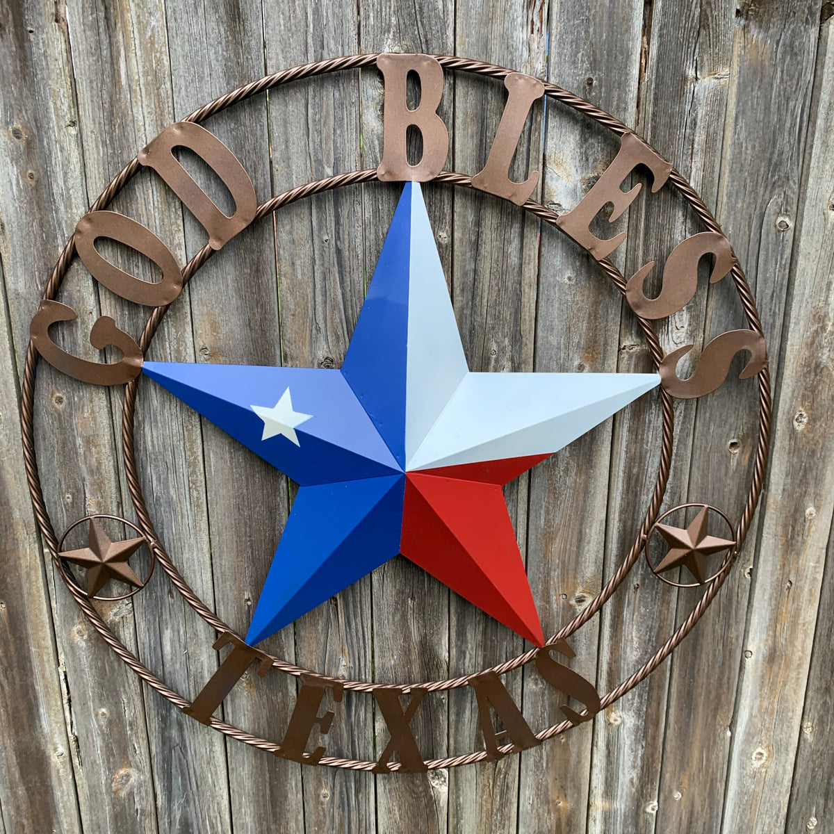 GOD BLESS TEXAS RED WHITE BLUE BARN METAL STAR BRONZE TWISTED ROPE RING WALL ART WESTERN HOME DECOR HANDMADE #EH11884