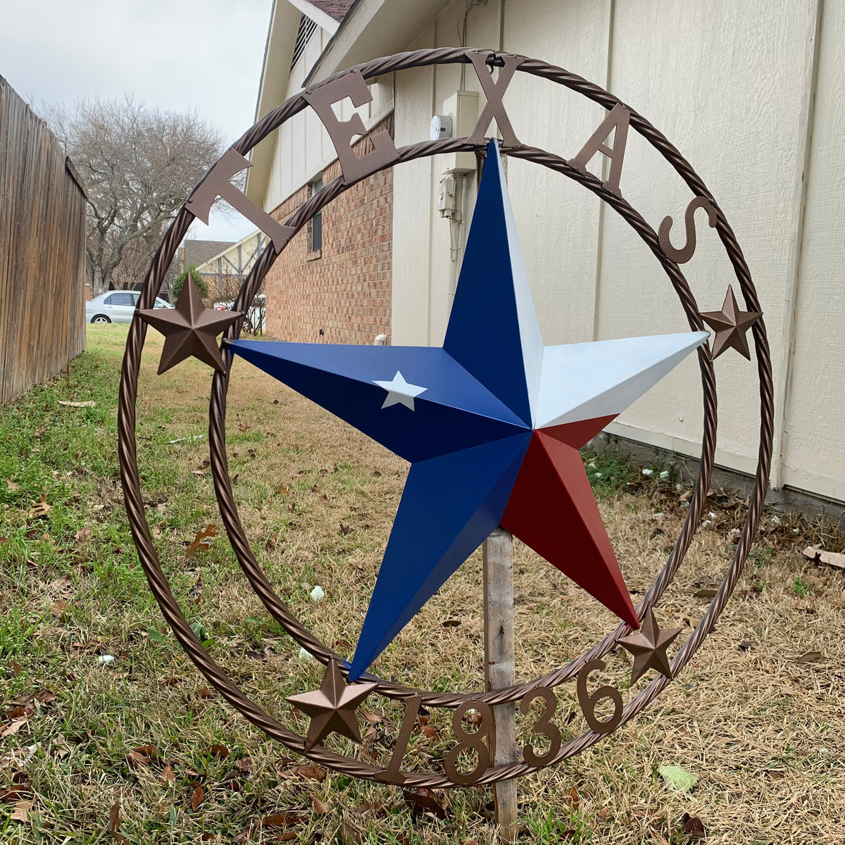TEXAS 1836  FLAG STAR RED WHITE BLUE BARN STAR TWISTED ROPE RING BRONZE WESTERN HOME DECOR  #EH10958