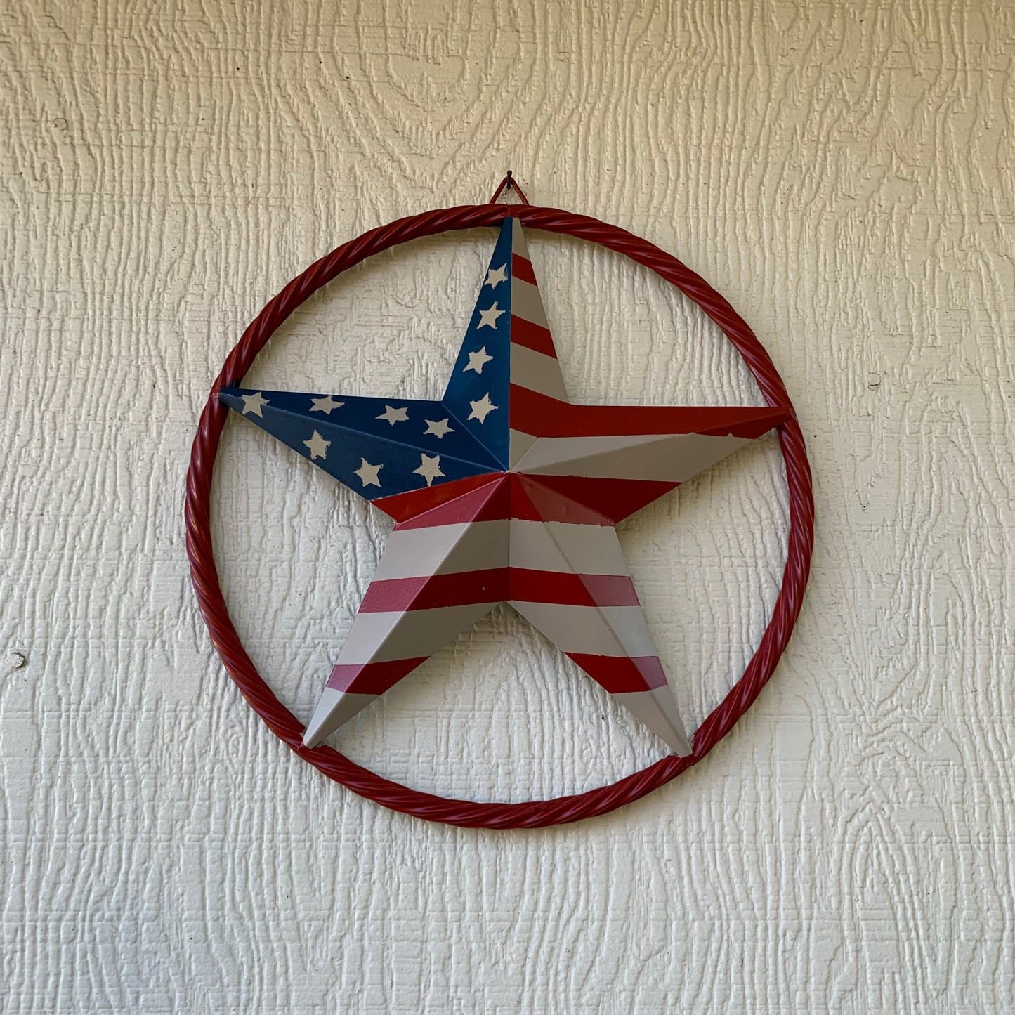 AMERICAN Flag USA Metal Barn Star RED , BEIGE, NAVY BLUE WITH RED Rope Ring Western Home Decor Handmade 12",16",24",30",34",36",40",48"
