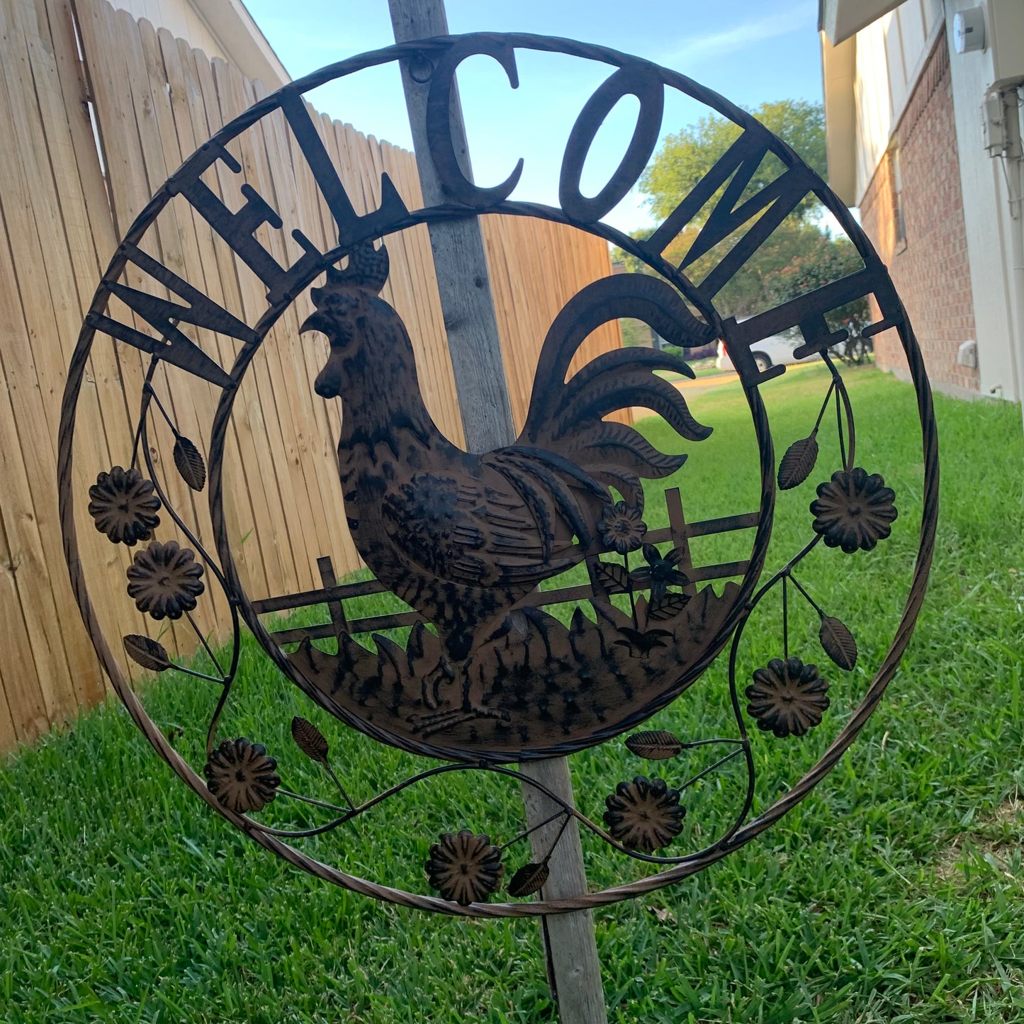 #EH11437 ROOSTER WELCOME 24" SCROLL ART METAL SIGN WESTERN HOME DECOR NEW