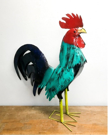 #34-041 RUSTIC TURQUOISE ROOSTER 20",30",40" CHICKEN GARDEN ANIMAL SCULPTURE METAL DECOR ORNAMENT HANDMADE