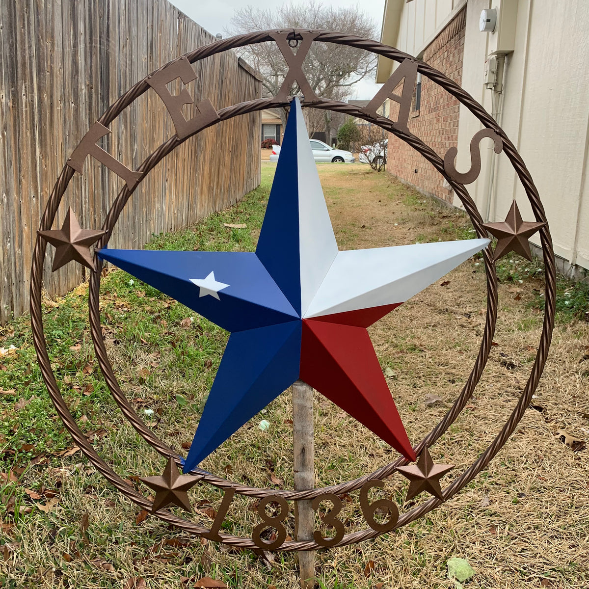 TEXAS 1836  FLAG STAR RED WHITE BLUE BARN STAR TWISTED ROPE RING BRONZE WESTERN HOME DECOR  #EH10958