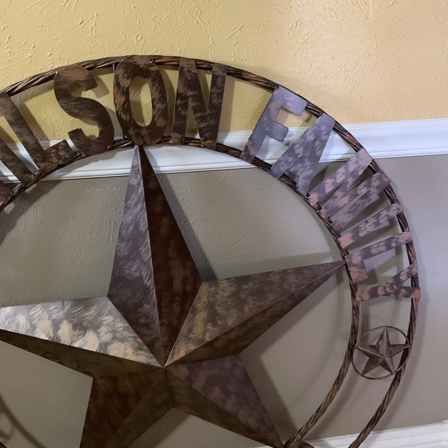 COLOMINA STYLE YOUR CUSTOM NAME BARN STAR BRONZE BRUSH COPPER METAL STAR 3d TWISTED ROPE RING COLOMINA WESTERN HOME DECOR RUSTIC VINTAGE HANDMADE 24",32",36",40",42",44",46",50"