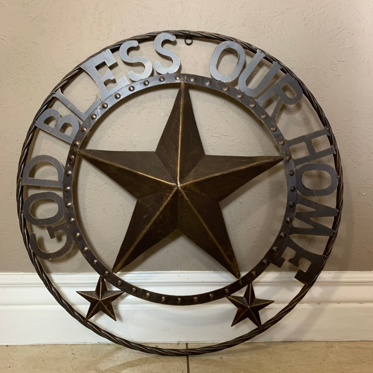 24" GOD BLESS OUR HOME BEADED STAR COLIBROX METAL TWISTED ROPE RING LONE STAR WALL ART WESTERN HOME DECOR RUSTIC DARK BRONZE COPPER HANDMADE NEW