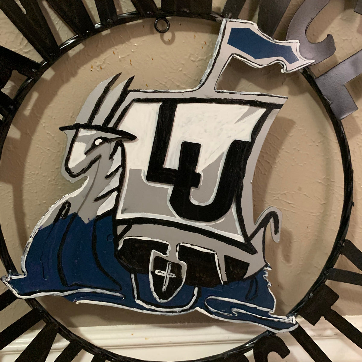 LAWRENCE UNIVERSITY METAL CUSTOM VINTAGE CRAFT WALL ART RUSTIC BLUE SILVER WHITE TEAM SIGN HANDMADE