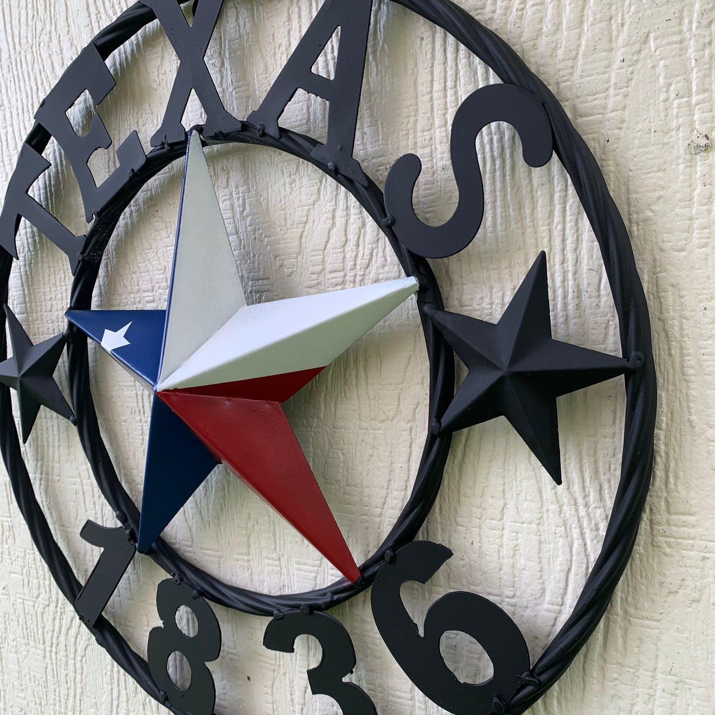 16" TEXAS 1836 RED WHITE BLUE TEXAS FLAG STAR & BLACK RING BARN STAR METAL WALL WESTERN HOME DECOR HANDMADE NEW ART