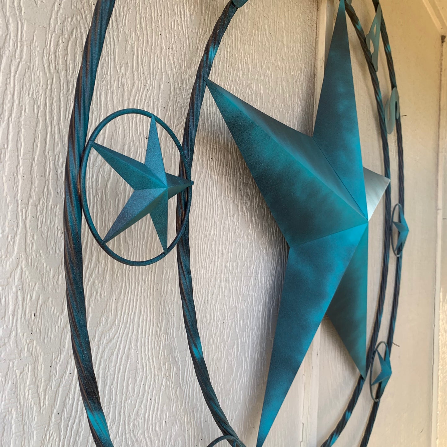 TEXAS LONESTAR TURQUOISE DISTRESSED TWO TONE METAL BARN STAR TWISTED ROPE RING WALL ART WESTERN HOME DECOR HANDMADE NEW #EH10483