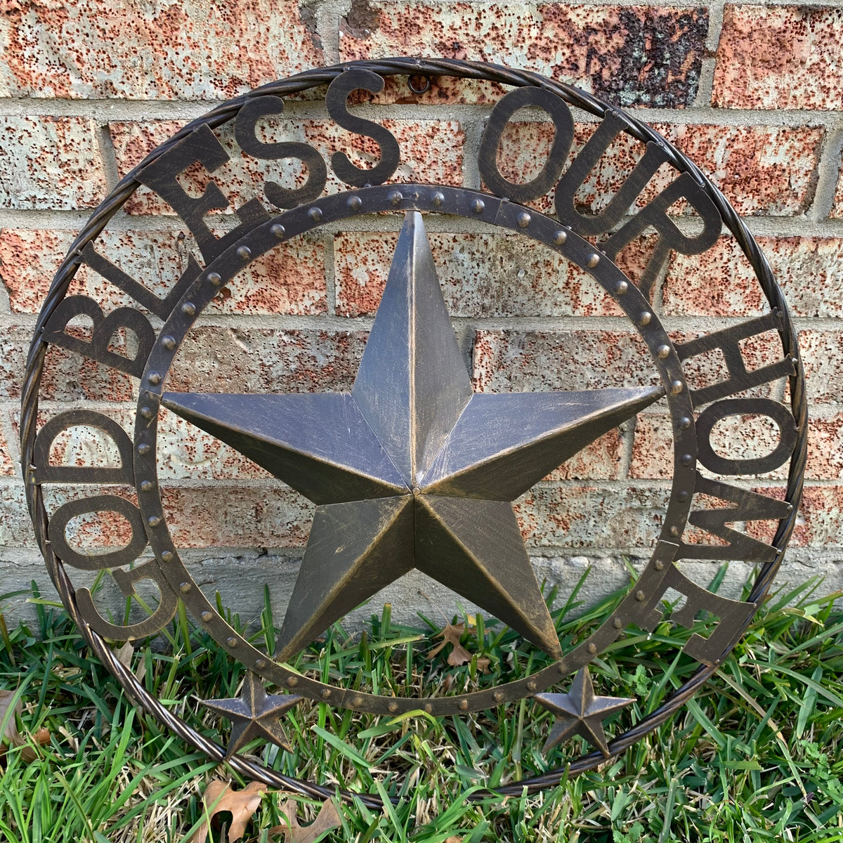 24" GOD BLESS OUR HOME BEADED STAR COLIBROX METAL TWISTED ROPE RING LONE STAR WALL ART WESTERN HOME DECOR RUSTIC DARK BRONZE COPPER HANDMADE NEW