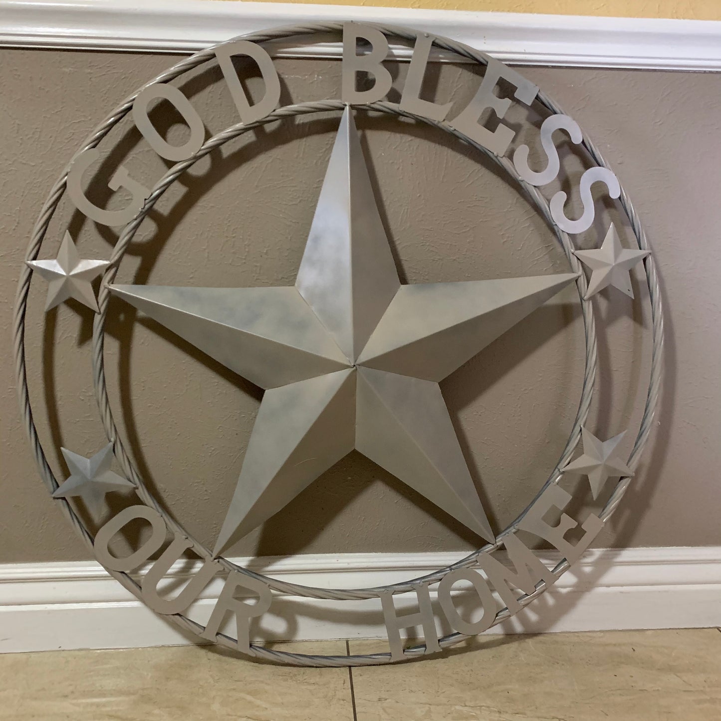 GOD BLESS OUR HOME RUSTIC BEIGE BARN METAL STAR ROPE RING WALL ART WESTERN HOME DECOR HANDMADE NEW #EH11686
