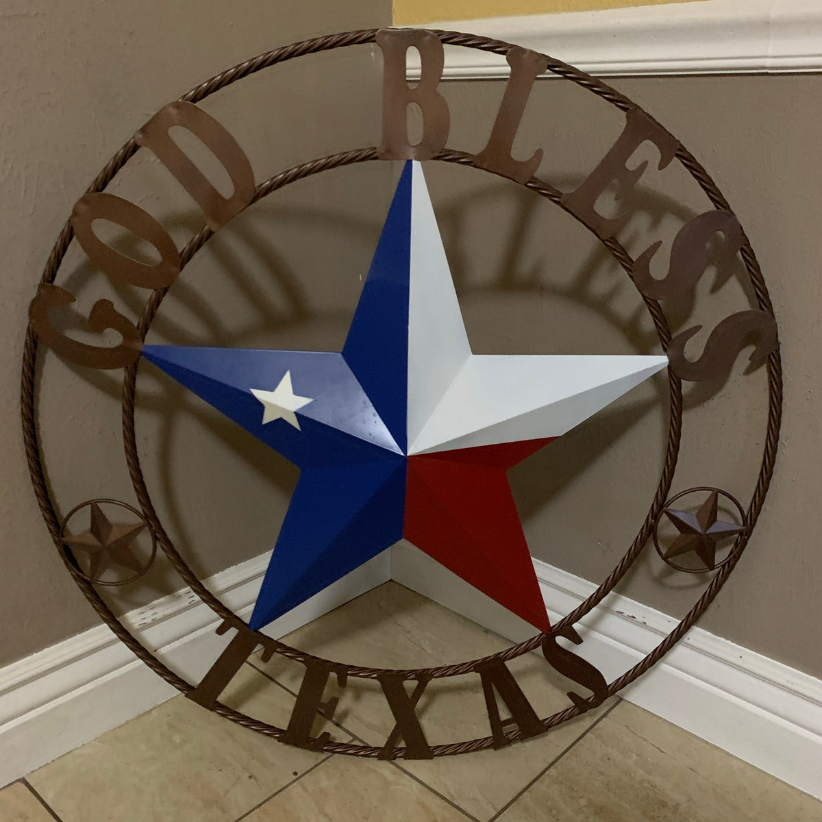 GOD BLESS TEXAS RED WHITE BLUE BARN METAL STAR BRONZE TWISTED ROPE RING WALL ART WESTERN HOME DECOR HANDMADE #EH11884