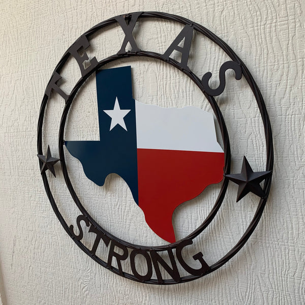 TEXAS STRONG METAL WALL SIGN ART WESTERN HOME DECOR RED WHITE BLUE WITH BROWN RING HANDMADE #EH11570