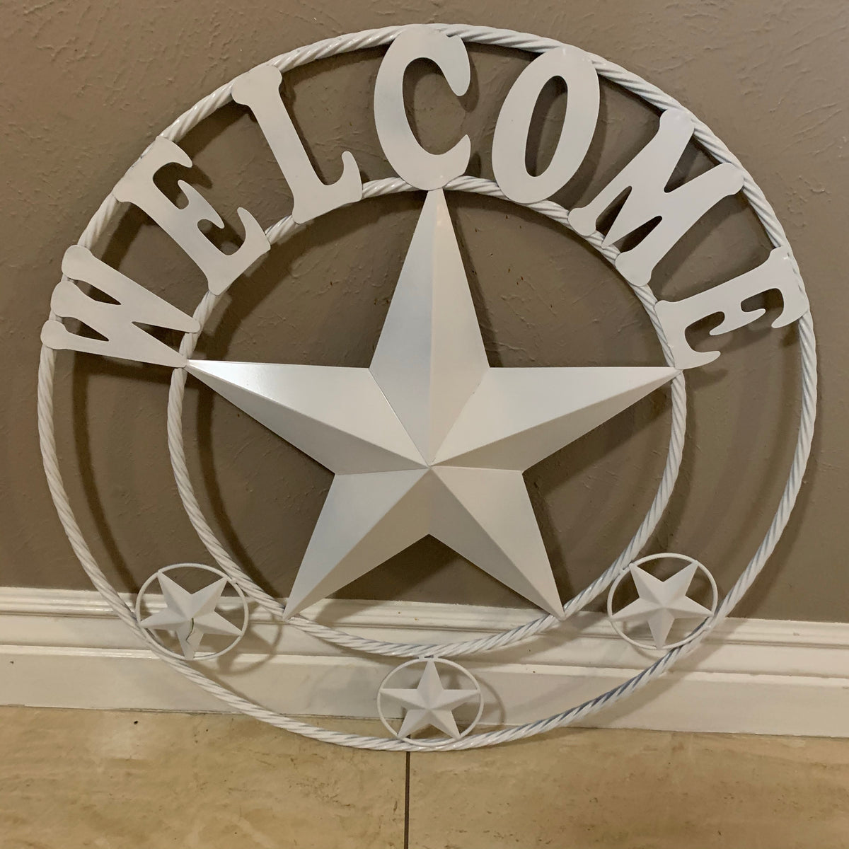 WELCOME WHITE STAR BARN STAR METALTWISTED ROPE RING LONESTAR WESTERN HOME DECOR HANDAMDE NEW 18",20",24",32",36",40",50"