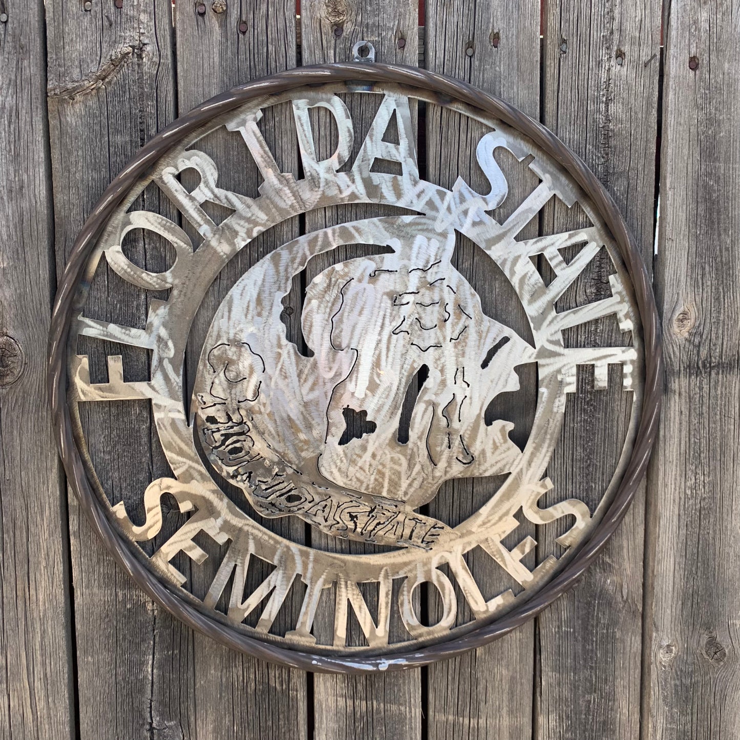 FSU FLORIDA STATE SEMINOLES INDIAN CUSTOM RAW METAL VINTAGE CRAFT TEAM SIGN HANDMADE