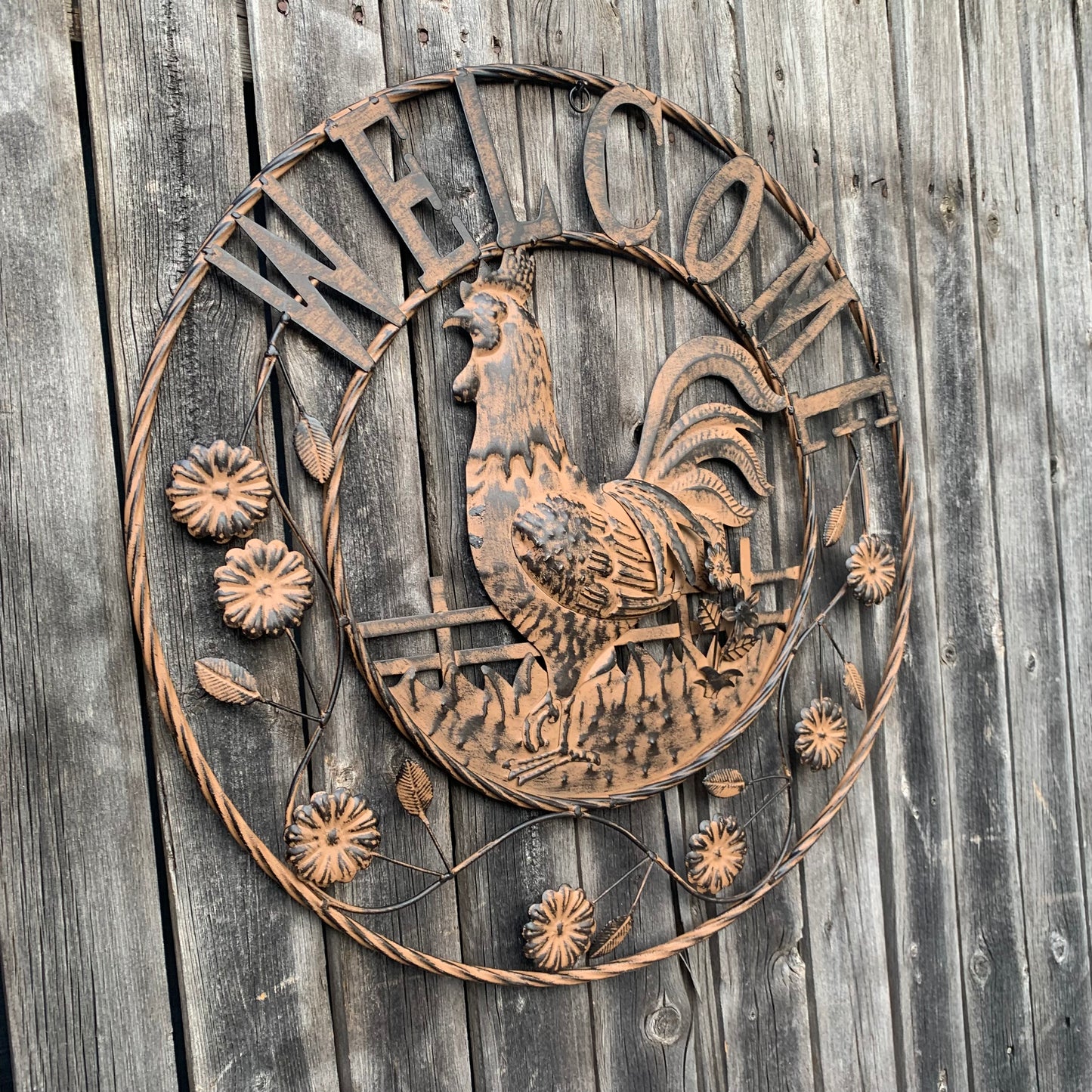 #EH11437 ROOSTER WELCOME 24" SCROLL ART METAL SIGN WESTERN HOME DECOR NEW
