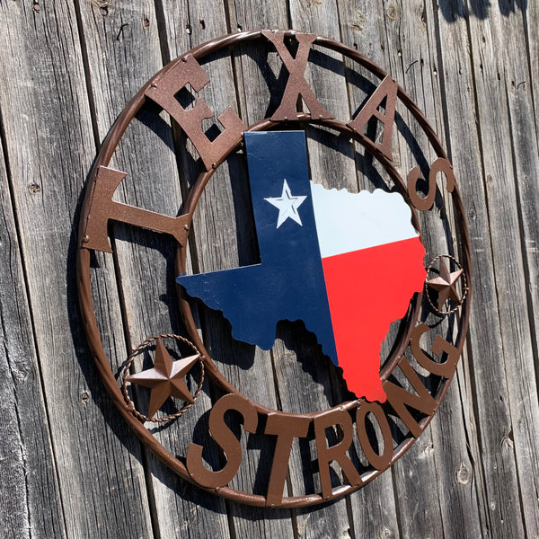 TEXAS STRONG SIGN METAL WALL ART WESTERN HOME DECOR RED WHITE BLUE WITH BRONZE RING HANDMADE #EH13212