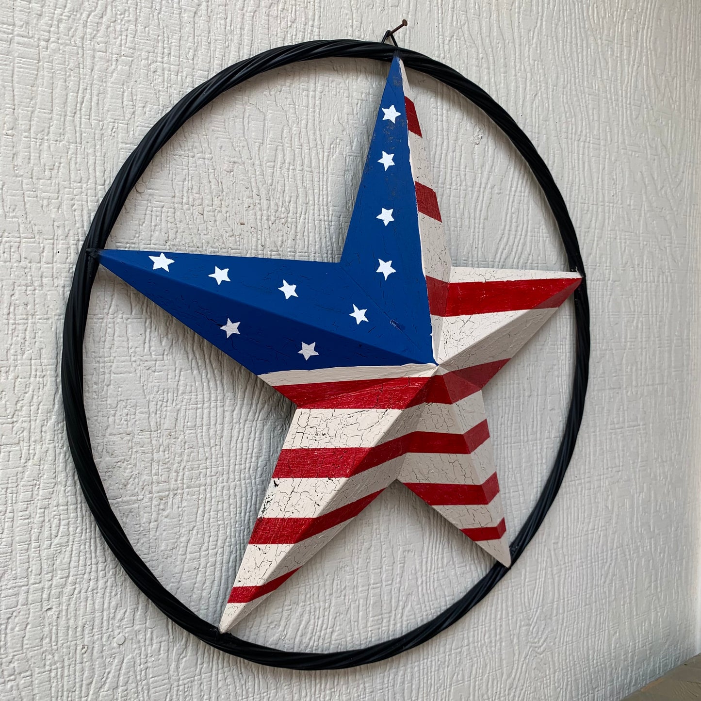 24" AMERICAN USA FLAG CRACKLE STAR METAL WALL ART WESTERN HOME DECOR HANDMADE NEW