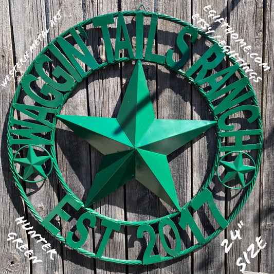 WAGGIN TAIL RANCH STYLE CUSTOM FAMILY NAME STAR METAL BARN STAR ROPE RING WESTERN HOME DECOR VINTAGE RUSTIC HUNTER GREEN HANDMADE 24",32",34",36",40",42",44",46",50"