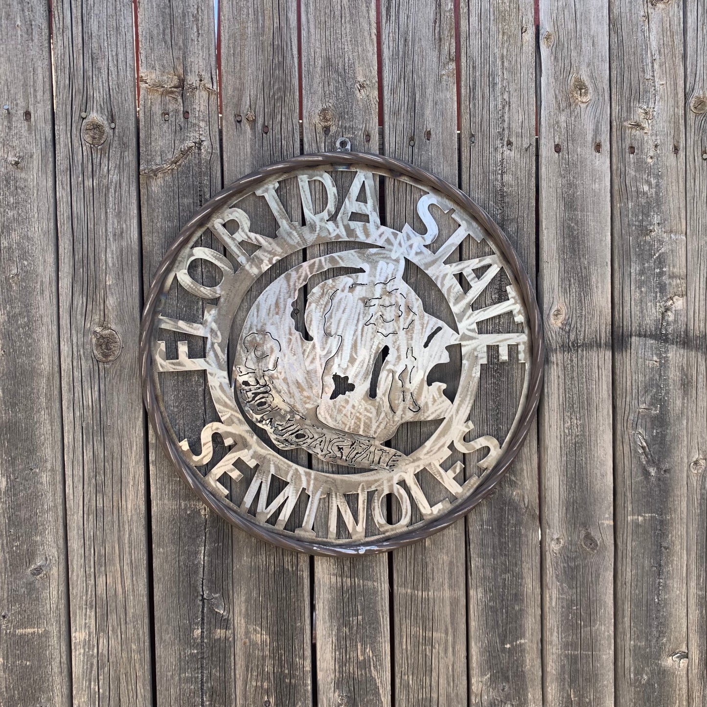 FSU FLORIDA STATE SEMINOLES INDIAN CUSTOM RAW METAL VINTAGE CRAFT TEAM SIGN HANDMADE