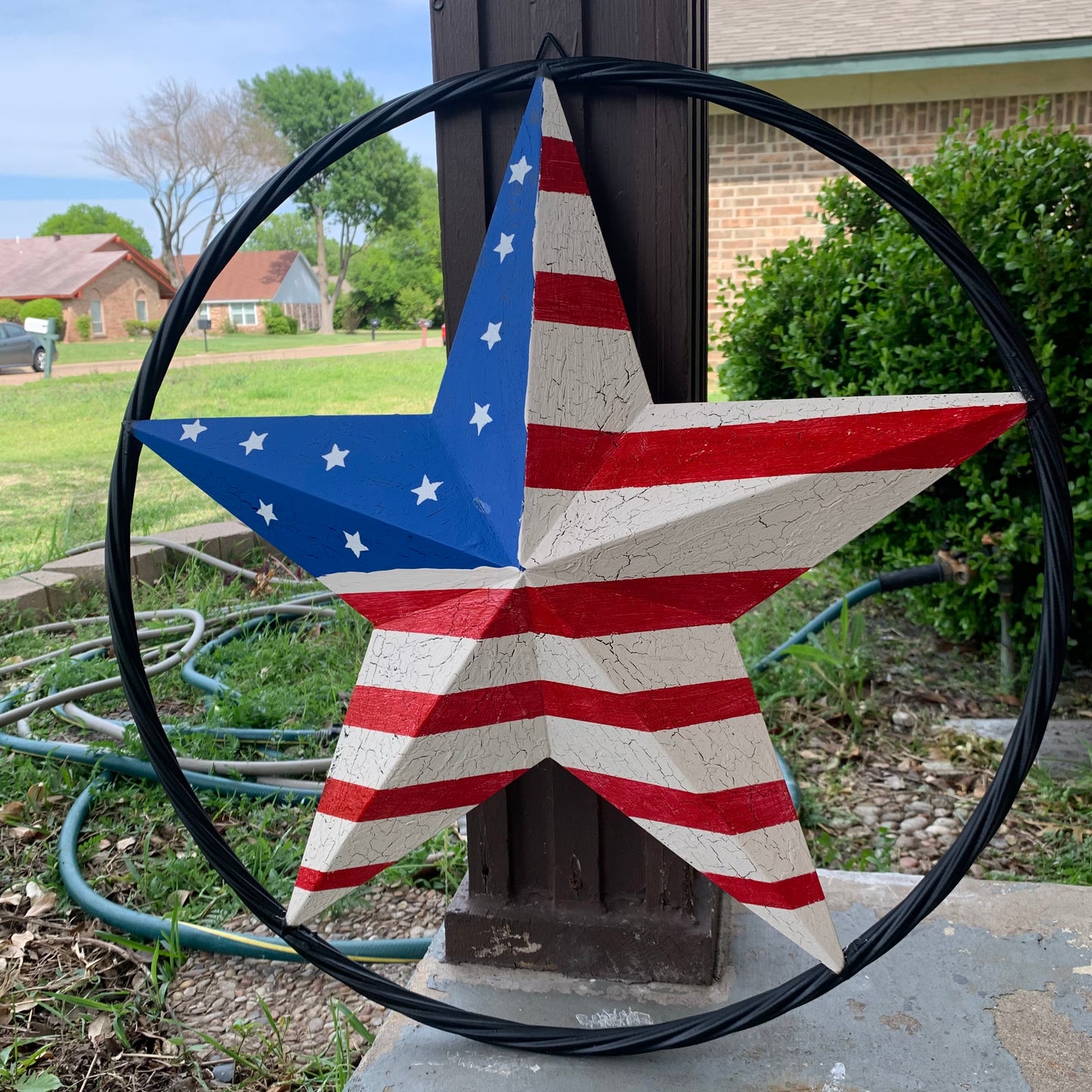 24" AMERICAN USA FLAG CRACKLE STAR METAL WALL ART WESTERN HOME DECOR HANDMADE NEW