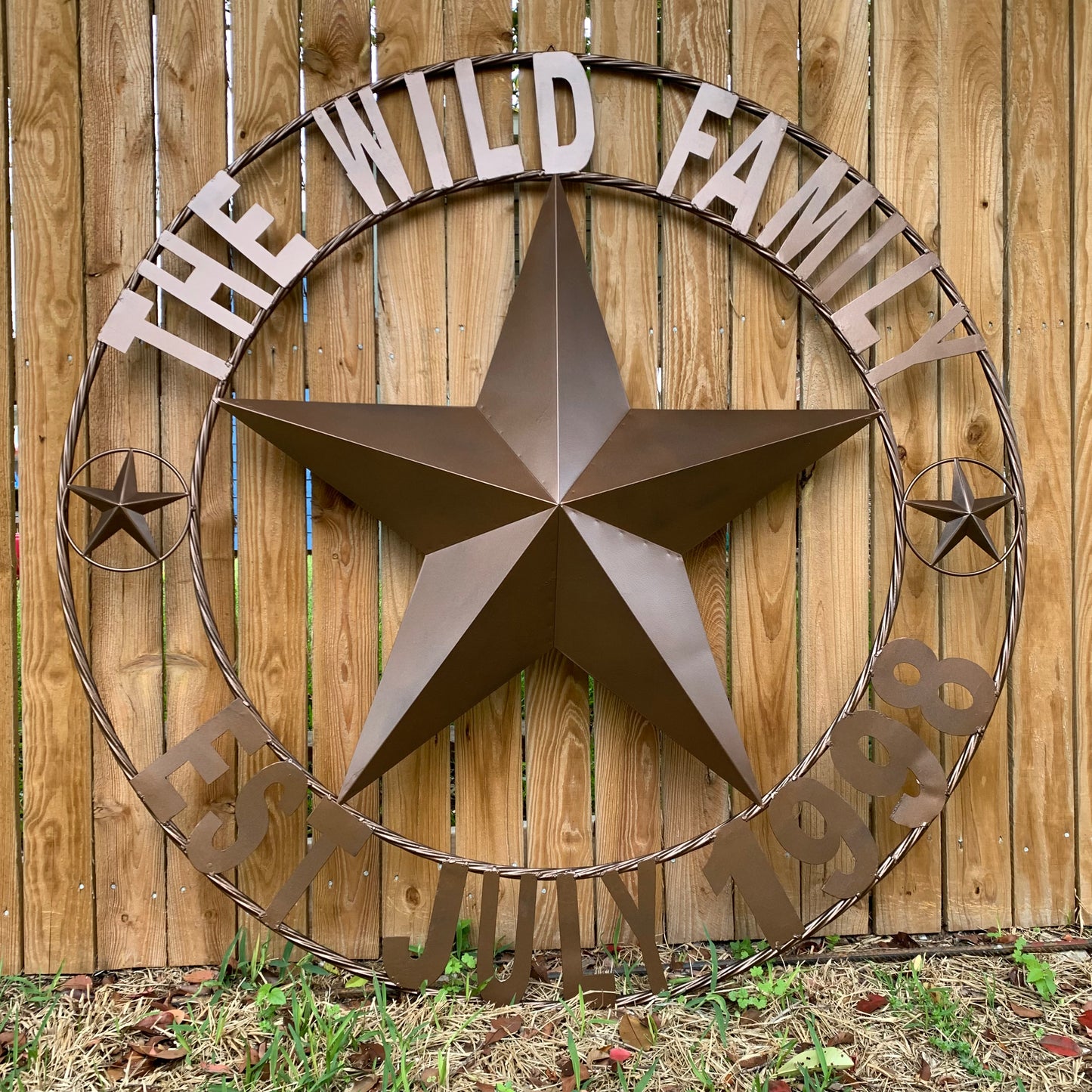 THE WILD FAMILY STYLE CUSTOM FAMILY NAME STAR METAL BARN STAR ROPE RING WESTERN HOME DECOR BRONZE HANDMADE 24",32",34",36",40",42",44",48",50"