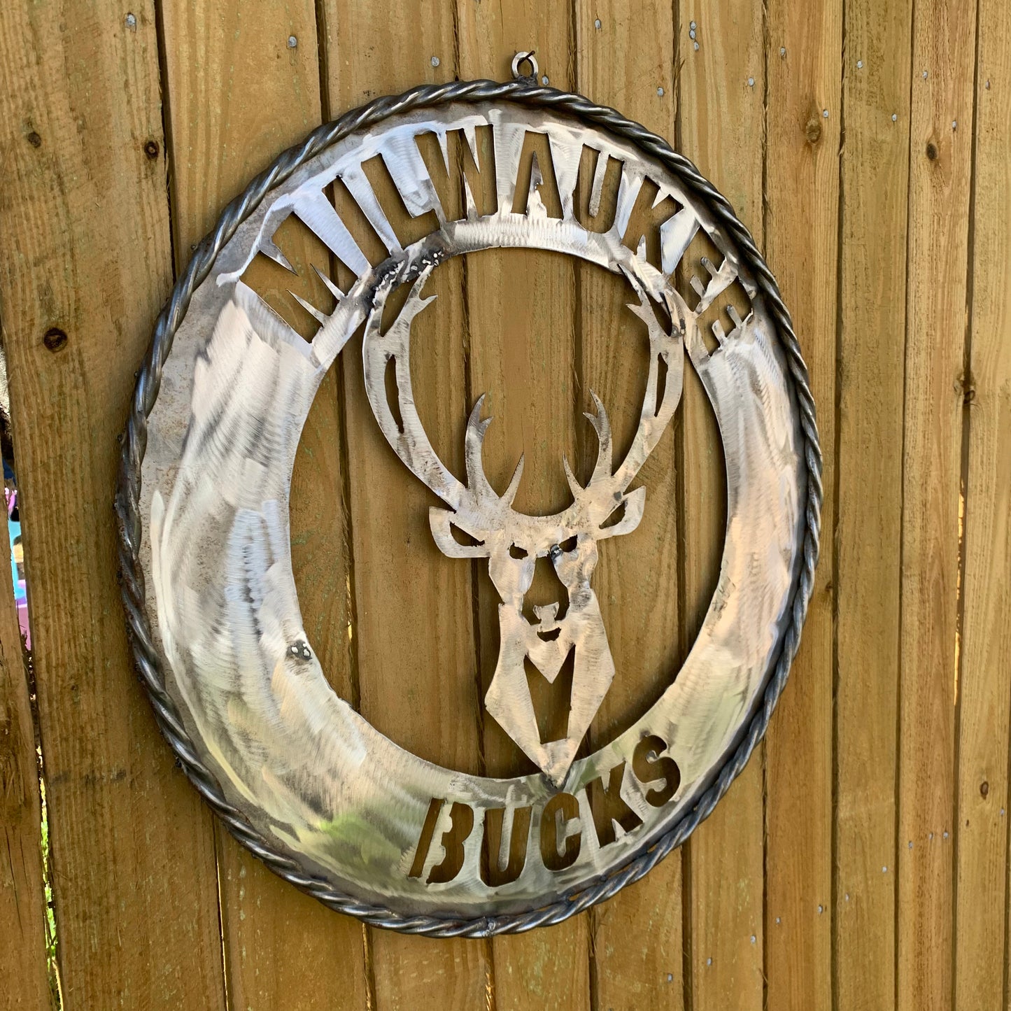 24" MILWAUKEE BUCKS RAW METAL WIDE BAND DISC STYLE METAL CUSTOM VINTAGE CRAFT TEAM SPORTS SIGN HANDMADE