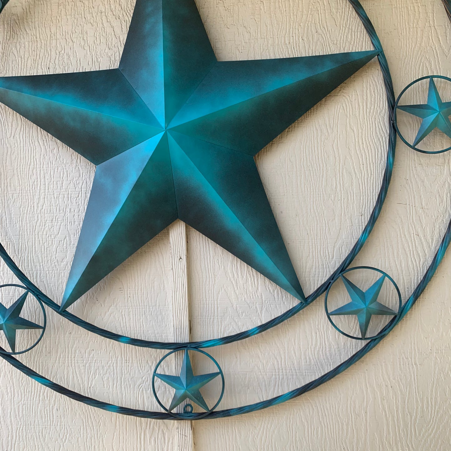 TEXAS LONESTAR TURQUOISE DISTRESSED TWO TONE METAL BARN STAR TWISTED ROPE RING WALL ART WESTERN HOME DECOR HANDMADE NEW #EH10483