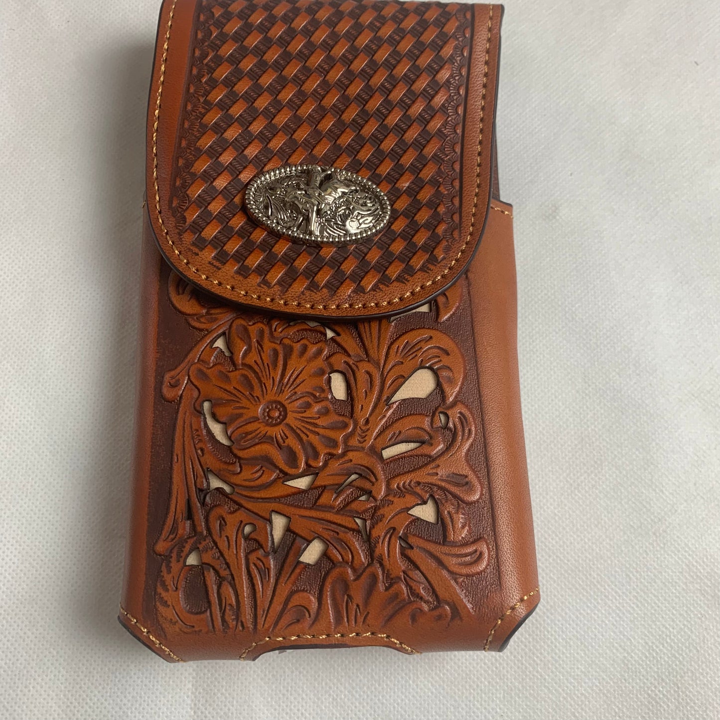 7.5" RODEO BULL RIDER TAN BEIGE LEATHER POUCH EXTRA LARGE  BELT LOOP HOLSTER CELL PHONE CASE UNIVERSAL OVERSIZE HANDMADE #EH12963