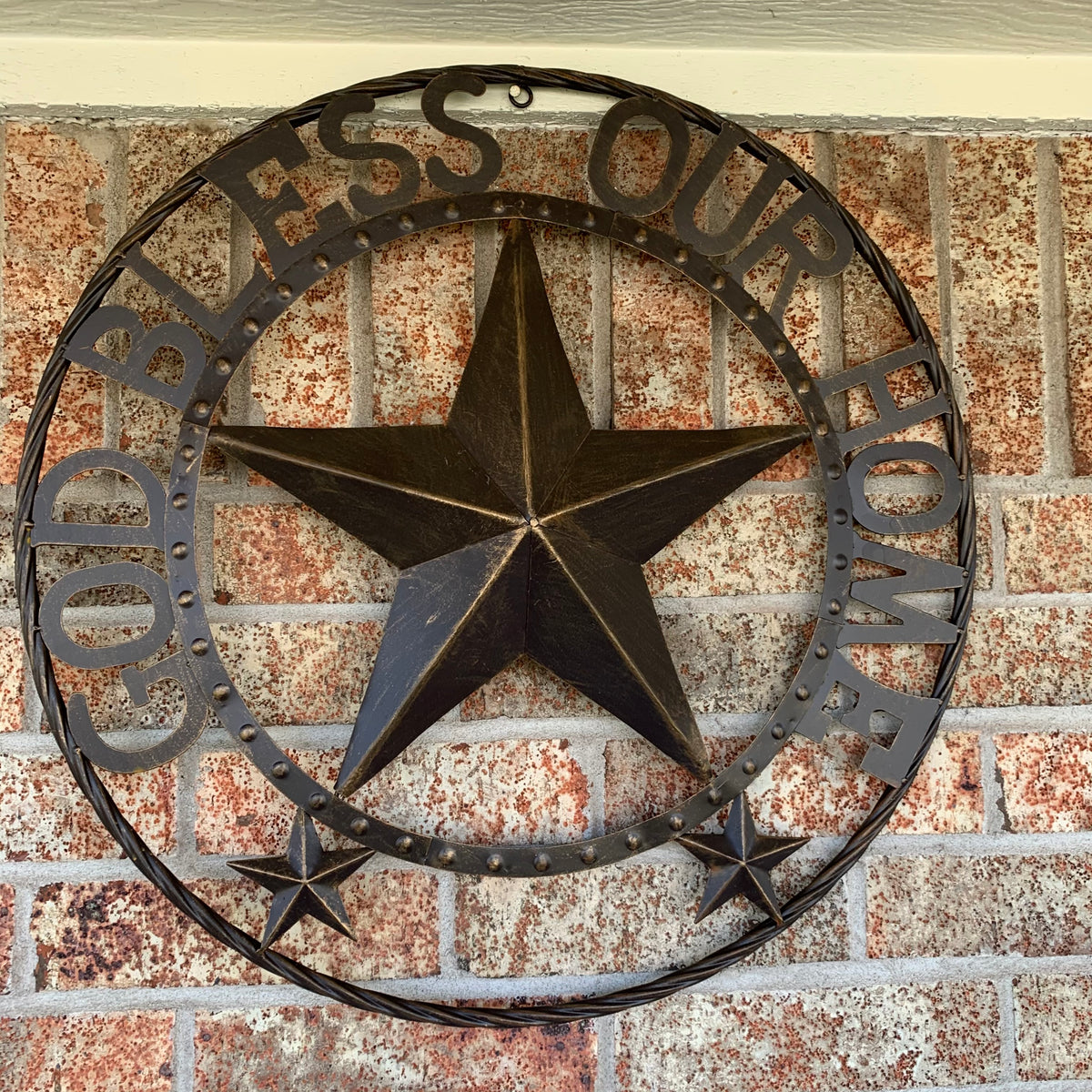 24" GOD BLESS OUR HOME BEADED STAR COLIBROX METAL TWISTED ROPE RING LONE STAR WALL ART WESTERN HOME DECOR RUSTIC DARK BRONZE COPPER HANDMADE NEW